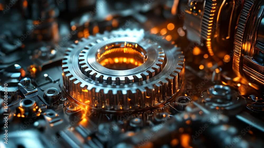 Poster an intricate mechanical gear assembly is illuminated with glowing elements, creating a captivating v