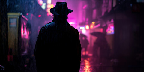 Rainy Street Mystery Scene with Man in Fedora Under Neon Night Lights
