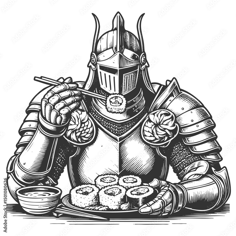 Poster medieval knight in armor eating sushi with chopsticks sketch engraving generative ai fictional chara