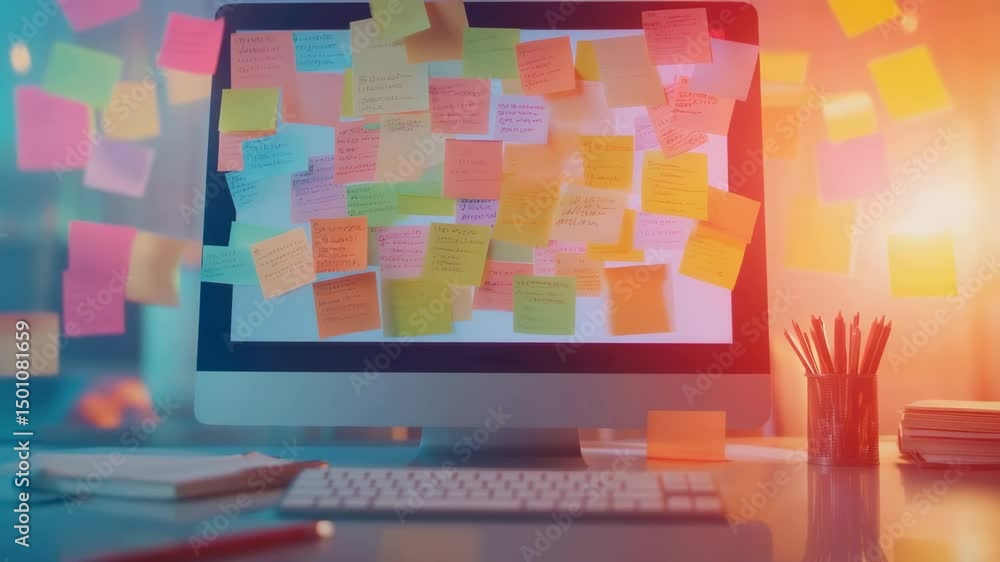 Poster Many colorful sticky notes attached to computer screen with keyboard, notebook and pencils on desk in home office at night, suggesting brainstorming, planning and working late
