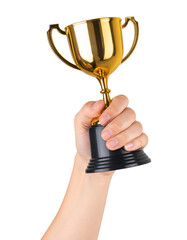 Athlete hand raised, holding gold sport cup against free isolated on transparent or white background