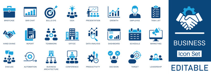 Business Icon Set. Includes editable icons for strategy, growth, teamwork, planning, success, leadership, and profit. Ideal for marketing, management, and presentations.
