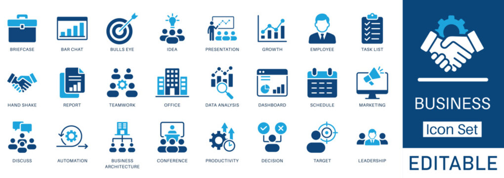 Business Icon Set. Includes editable icons for strategy, growth, teamwork, planning, success, leadership, and profit. Ideal for marketing, management, and presentations.