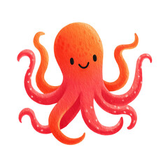 Colorful summer icon. Cute smiling orange octopus. Flat style clipart isolated on transparent background. Travel and vacation concept. Design for stickers, t-shirts, summer product advertisement.