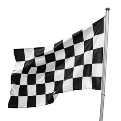 Black and white checkered flag waving in the wind isolated on transparent or white background