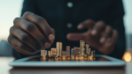 A real estate investor analyzing multiple property options on tablet, city skyline in background,