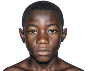 Obraz premium Young boy with black skin and short hair gazes directly at viewer, showcasing serious expression. His bare shoulders are visible against plain background, emphasizing his features