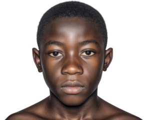 Young boy with black skin and short hair gazes directly at viewer, showcasing serious expression. His bare shoulders are visible against plain background, emphasizing his features