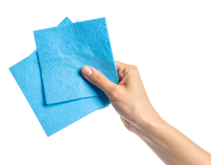 Female hand with blue paper napkins isolated on transparent or white background