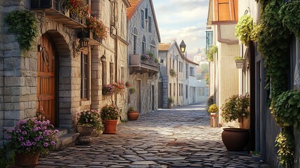 A sun-drenched, quaint European alleyway lined with stone buildings, adorned with flowers and potted plants