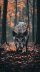Majestic Wild Boar Foraging in Autumn Forest