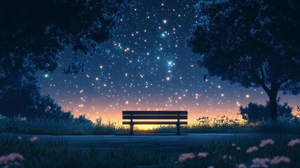 Obraz premium Bench silhouette under a starry sky, trees framing the scene with grass and flowers below