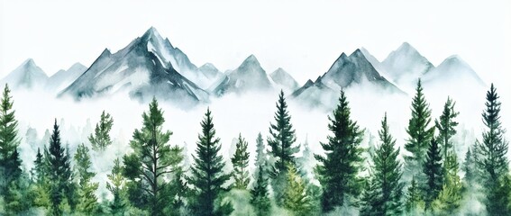 Fototapeta premium Watercolor landscape of dark green forest and layer mountains wild nature park hand paint. 