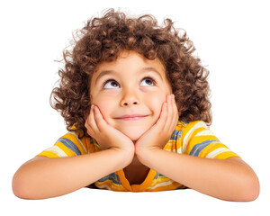 Curly haired boy with cheerful expression, resting his chin on his hands, gazing upwards. He wears striped yellow and white shirt, exuding sense of wonder and curiosity