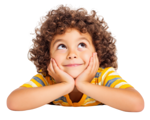 Curly haired boy with cheerful expression, resting his chin on his hands, gazing upwards. He wears striped yellow and white shirt, exuding sense of wonder and curiosity
