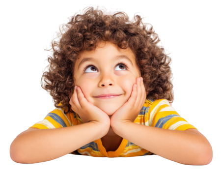 Curly haired boy with cheerful expression, resting his chin on his hands, gazing upwards. He wears striped yellow and white shirt, exuding sense of wonder and curiosity