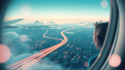 A person looks out of an airplane window at a city below, with illuminated roads winding through the landscape and clouds in the sky. Generative, AI,