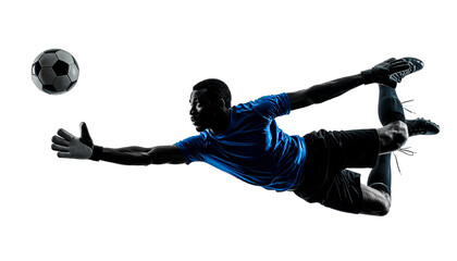 Male soccer player goalkeeper catching ball in jump. Silhouette of fit man with ball isolated on transparent or white background