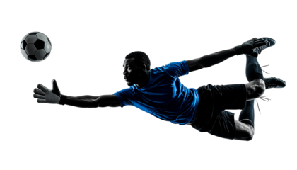 Male soccer player goalkeeper catching ball in jump. Silhouette of fit man with ball isolated on transparent or white background