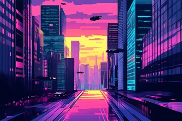 A stunning futuristic cityscape at dusk featuring metallic skyscrapers with reflective surfaces, flying cars zooming between buildings, and a vibrant neon-lit sunset sky. Rendered in a cyberpunk style