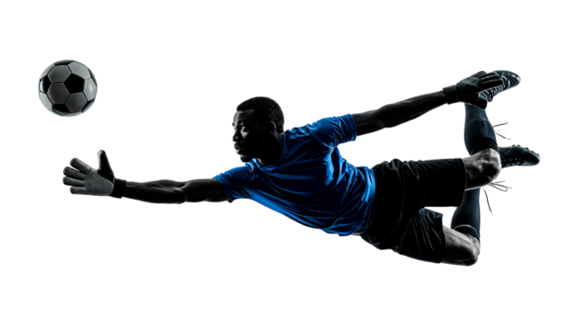 Male soccer player goalkeeper catching ball in jump. Silhouette of fit man with ball isolated on transparent or white background - Powered by Adobe