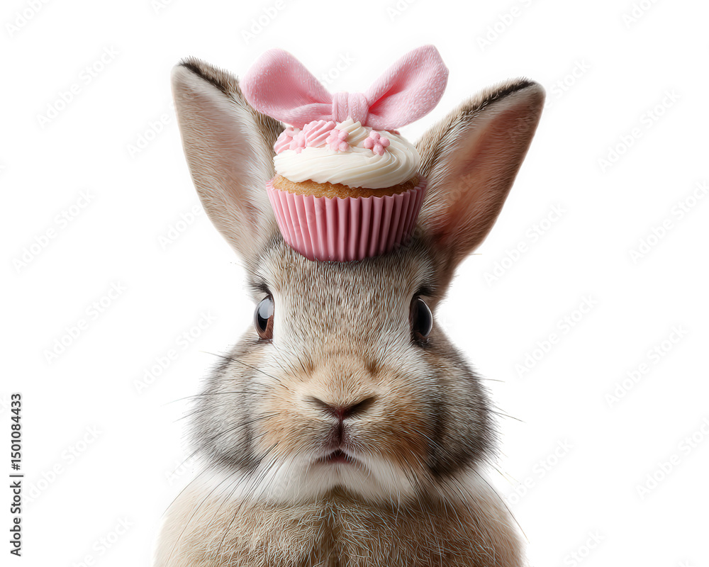 Poster rabbit with silly expression balances cupcake adorned with pink bow on its head, creating whimsical 