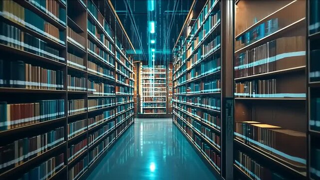 Immersive walk through a digital library with a glowing and reflective floor