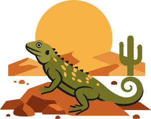 Flat Vector Illustration of a Desert Lizard on Rocky Terrain with Cactus and Sunset Background