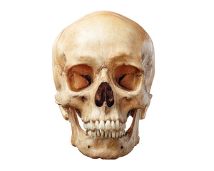 Realistic human skull model, showcasing intricate details and textures, perfect for educational purposes or Halloween decorations. Its lifelike appearance adds touch of eeriness to any setting