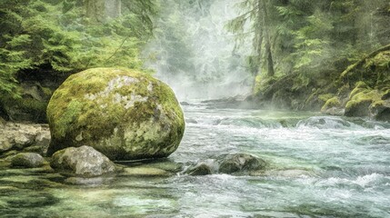 Tranquil mountain stream with mossy boulder