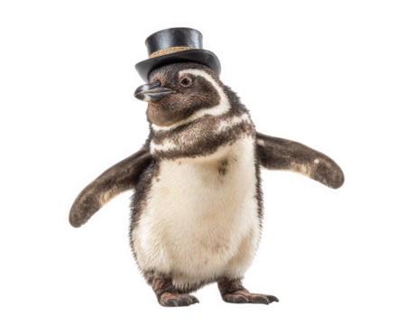 Cheerful penguin wearing tiny top hat stands proudly, exuding playful charm. This delightful bird captures attention with its unique attire and joyful demeanor, perfect for any whimsical setting
