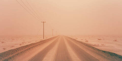 Orange haze over desert road lined with power poles
