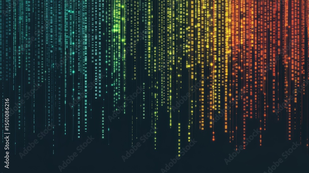 Aufkleber abstract digital rain of colorful square pixels cascading down a dark background