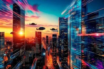 A stunning futuristic cityscape at dusk featuring metallic skyscrapers with reflective surfaces, flying cars zooming between buildings, and a vibrant neon-lit sunset sky. Rendered in a cyberpunk style