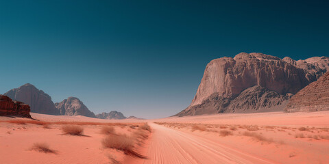 Naklejka premium Scenic desert expanse with mountain cliffs and blue sky 