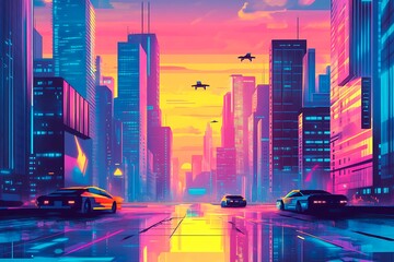 A stunning futuristic cityscape at dusk featuring metallic skyscrapers with reflective surfaces, flying cars zooming between buildings, and a vibrant neon-lit sunset sky. Rendered in a cyberpunk style