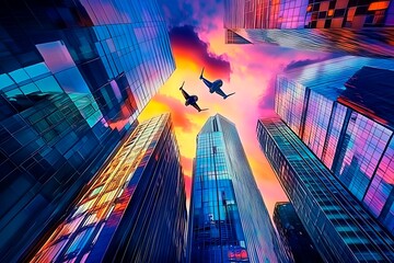 A stunning futuristic cityscape at dusk featuring metallic skyscrapers with reflective surfaces, flying cars zooming between buildings, and a vibrant neon-lit sunset sky. Rendered in a cyberpunk style