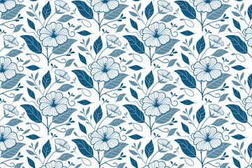 seamless sketch floral pattern in blue, cotton flower line design, textile repeat artwork for clothing, bags and kitchen fabric

