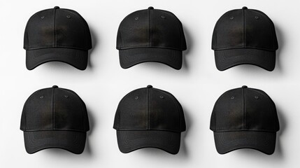 Six black baseball caps arranged in a grid on a white background