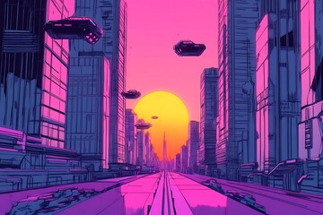 A stunning futuristic cityscape at dusk featuring metallic skyscrapers with reflective surfaces, flying cars zooming between buildings, and a vibrant neon-lit sunset sky. Rendered in a cyberpunk style