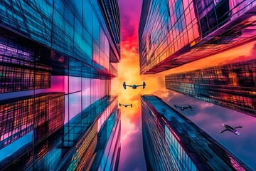 A stunning futuristic cityscape at dusk featuring metallic skyscrapers with reflective surfaces, flying cars zooming between buildings, and a vibrant neon-lit sunset sky. Rendered in a cyberpunk style