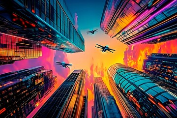 A stunning futuristic cityscape at dusk featuring metallic skyscrapers with reflective surfaces, flying cars zooming between buildings, and a vibrant neon-lit sunset sky. Rendered in a cyberpunk style