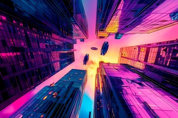 A stunning futuristic cityscape at dusk featuring metallic skyscrapers with reflective surfaces, flying cars zooming between buildings, and a vibrant neon-lit sunset sky. Rendered in a cyberpunk style