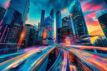 A stunning futuristic cityscape at dusk featuring metallic skyscrapers with reflective surfaces, flying cars zooming between buildings, and a vibrant neon-lit sunset sky. Rendered in a cyberpunk style