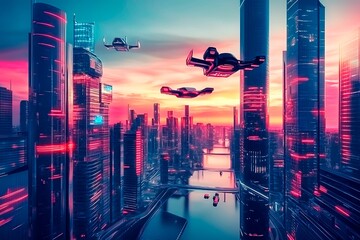 A stunning futuristic cityscape at dusk featuring metallic skyscrapers with reflective surfaces, flying cars zooming between buildings, and a vibrant neon-lit sunset sky. Rendered in a cyberpunk style