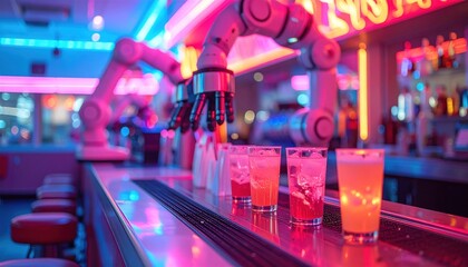 Robot arms serving drinks in a brightly lit neon bar