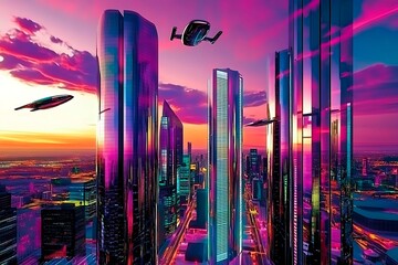 A stunning futuristic cityscape at dusk featuring metallic skyscrapers with reflective surfaces, flying cars zooming between buildings, and a vibrant neon-lit sunset sky. Rendered in a cyberpunk style