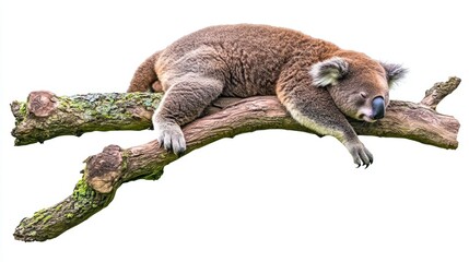 Fototapeta premium Serene slumber: A koala peacefully resting on an old eucalyptus branch