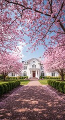 Obraz premium Photo of a Blossoming Sakura Tree Lined Path Leading to White House Under Blue Sky