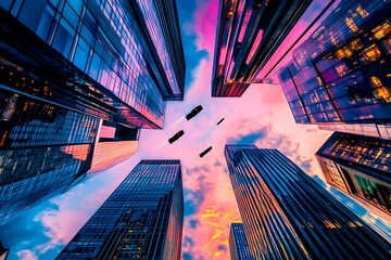 A stunning futuristic cityscape at dusk featuring metallic skyscrapers with reflective surfaces, flying cars zooming between buildings, and a vibrant neon-lit sunset sky. Rendered in a cyberpunk style